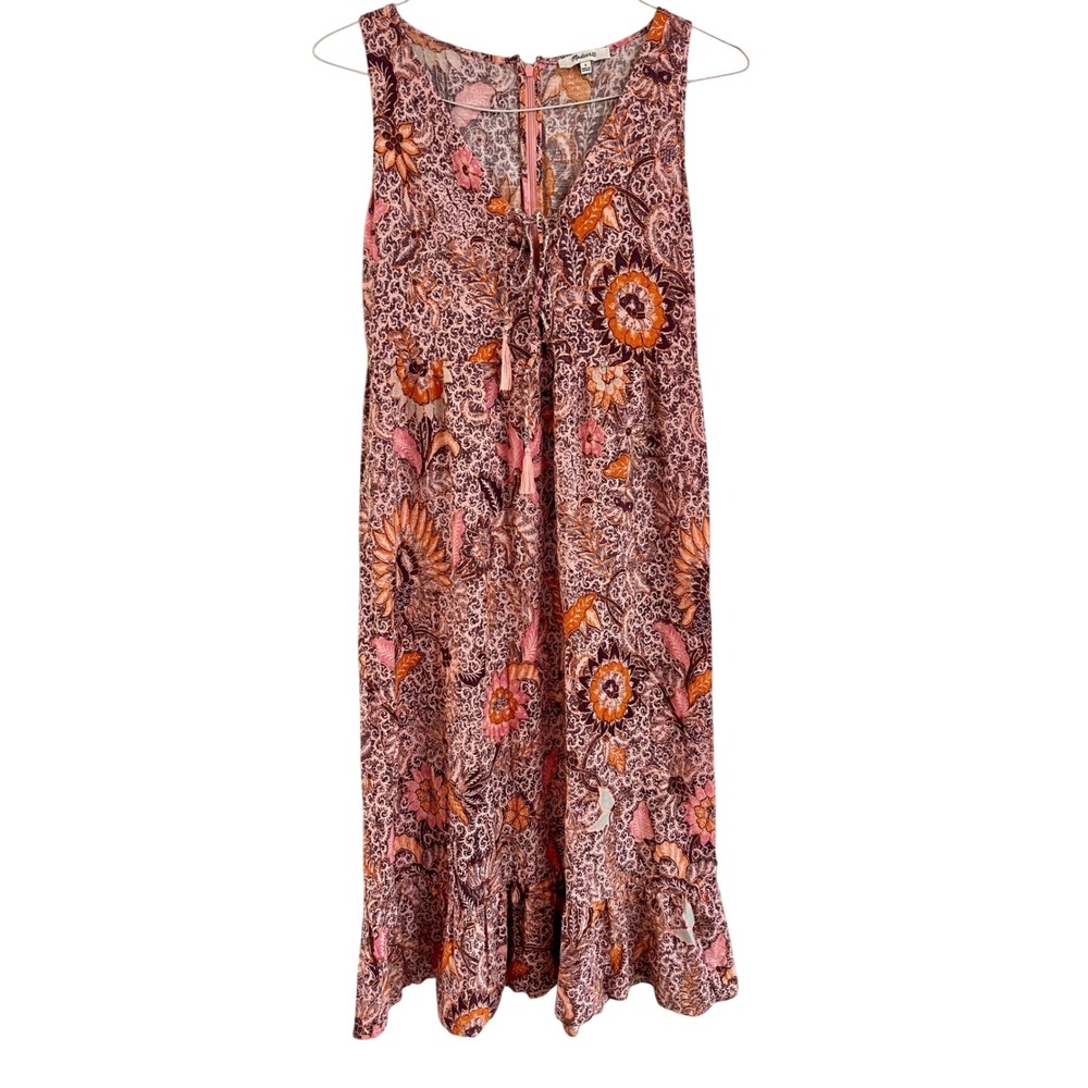 Madewell Floral Batik Lace Up Tassel Midi Dress Pink Orange Size 4 - Picture 1 of 11
